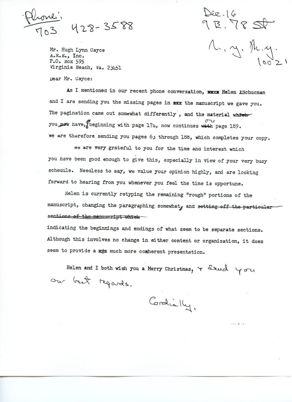 Bill Thetford’s letter of December 16, 1970 to Hugh Lynn Cayce, sending the missing pages of the manuscript and describing Helen’s retyping of it