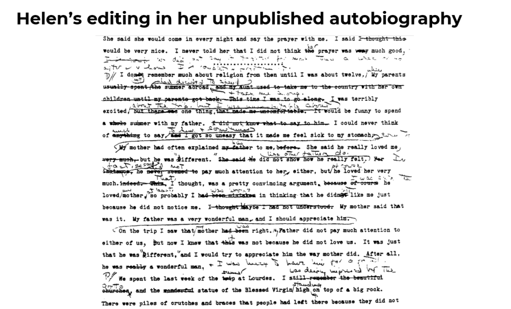 A page from Helen Schucman’s unpublished autobiography, marked throughout with her own edits