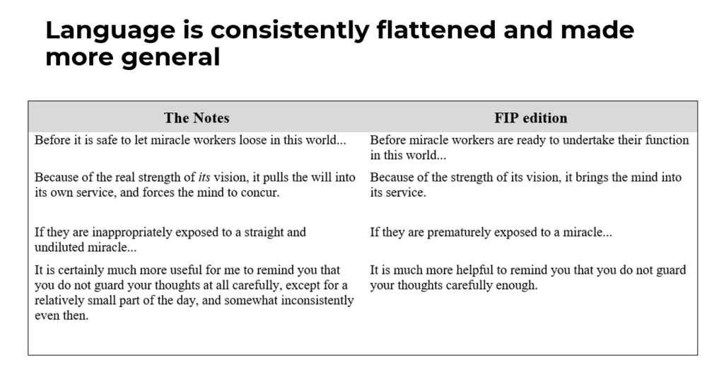 Examples of the Course’s language being made more abstract, vague and general with each version