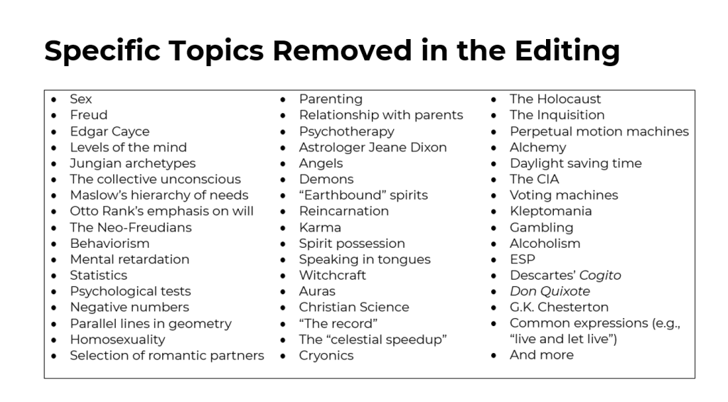 A partial list of specific topics that were removed from the Course as it was edited
